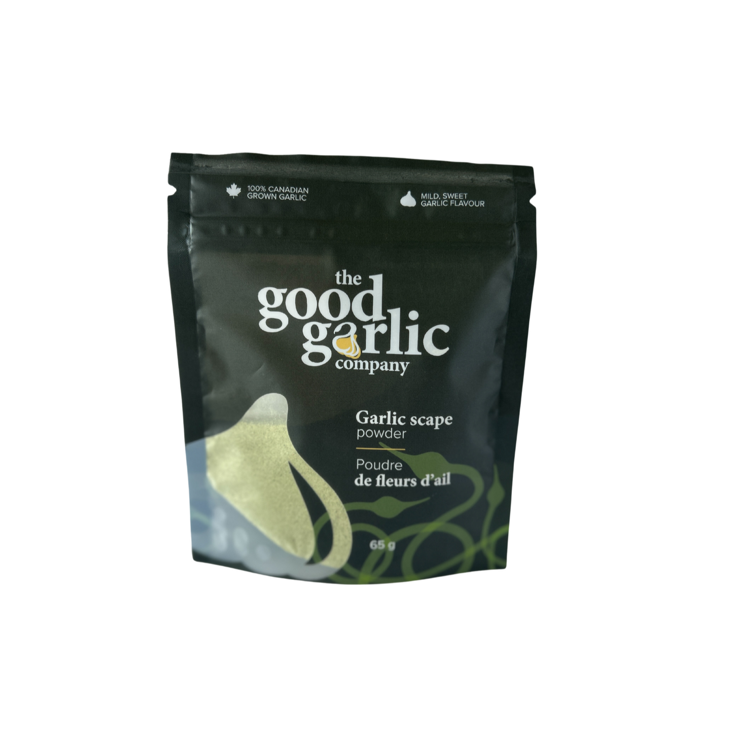 Black package of 'the good garlic company' garlic scape powder on a white background