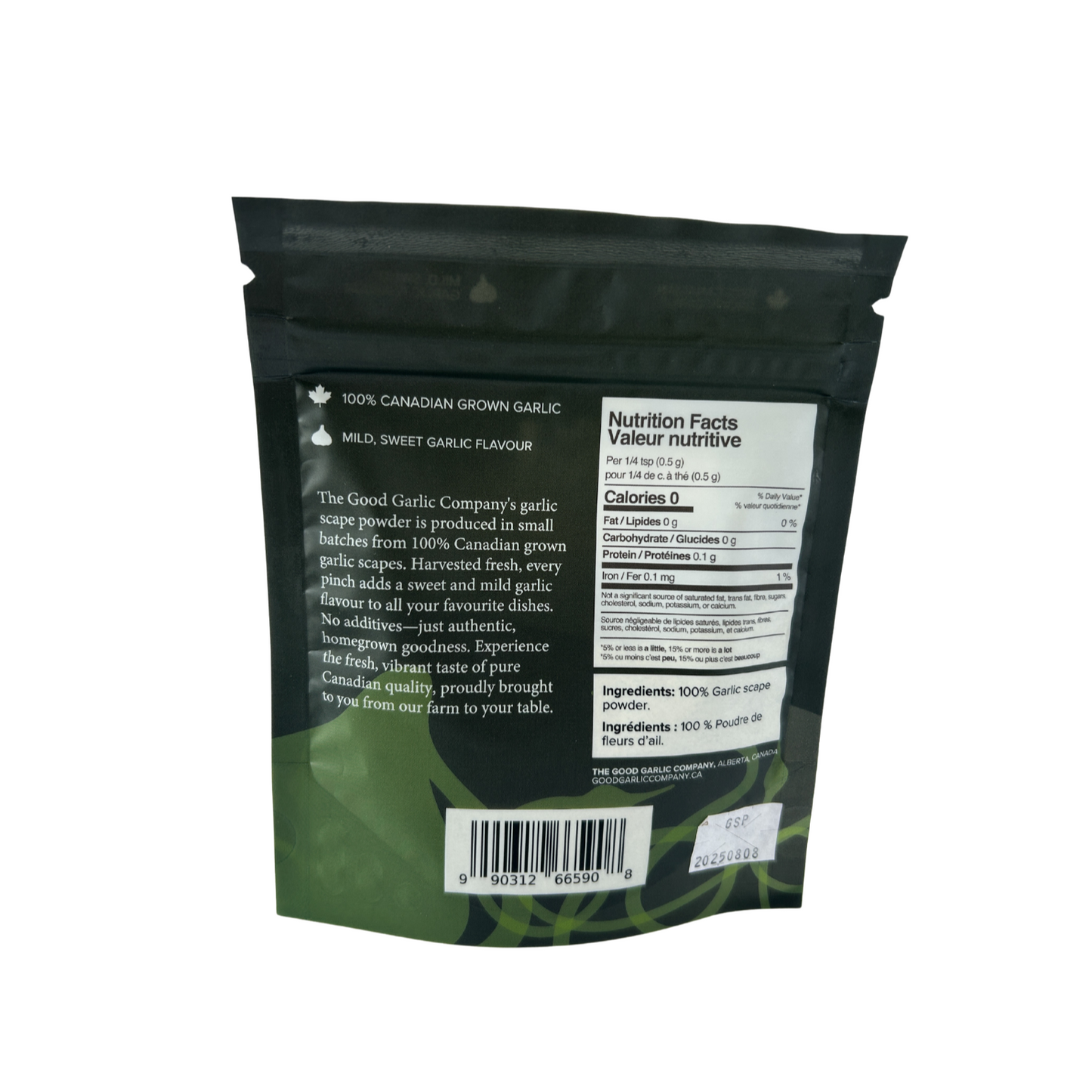 Back view of a garlic scape package with text and a barcode on a white background