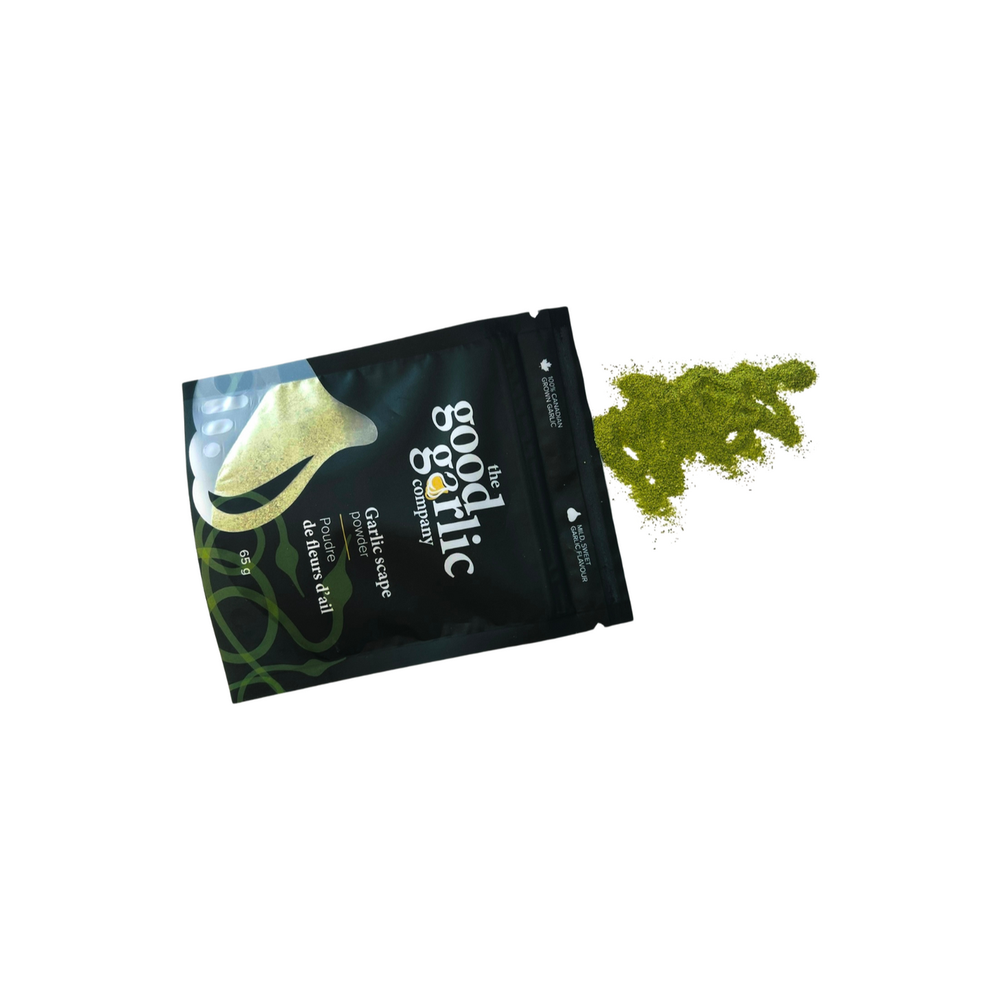 Good Garlic packaging with green garlic scape powder on a white background
