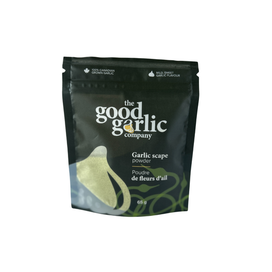 Black package of 'the good garlic company' garlic scape powder on a white background